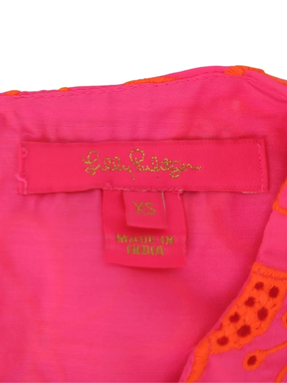 Lilly Pulitzer Blouse XS Neon Pink Orange Floral Eyelet Puff Sleeve Top